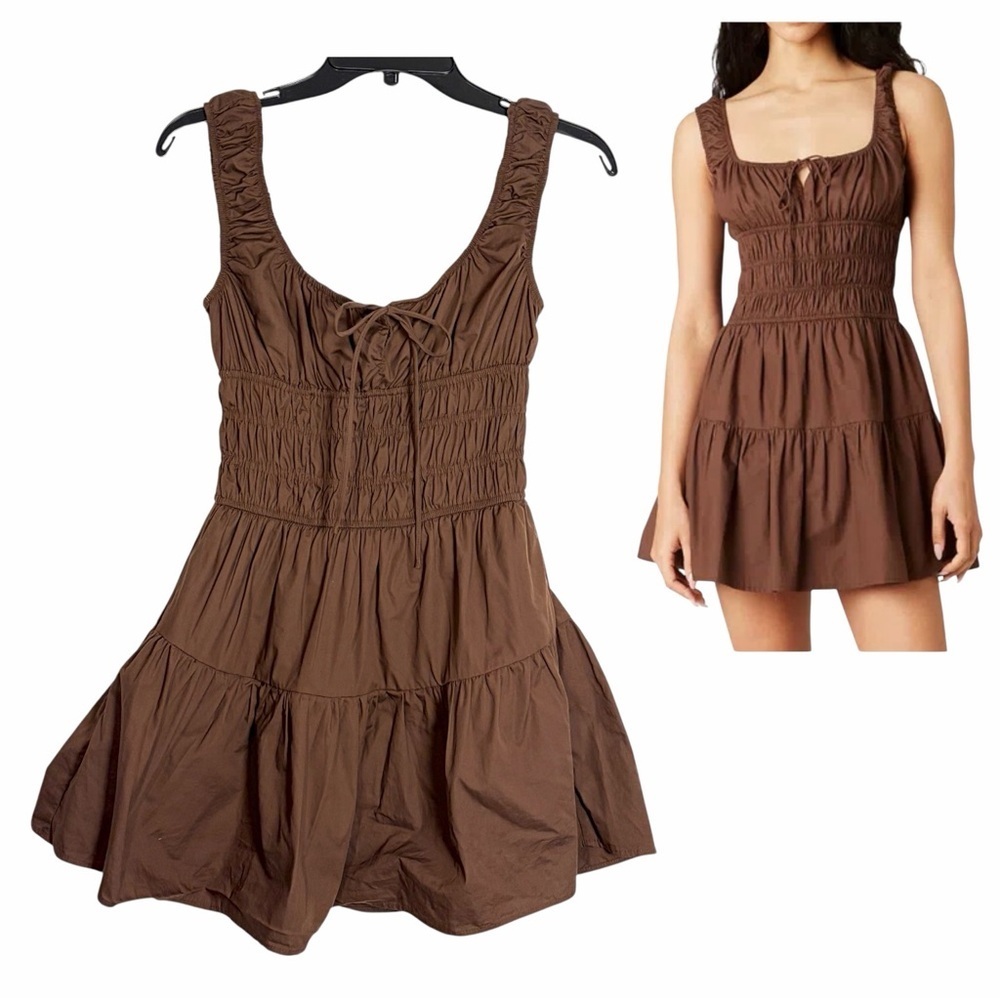 NIA Salt Smocked Flare Mini Dress Brown Tiered Pockets Ruched Fairy Grunge Sz XS